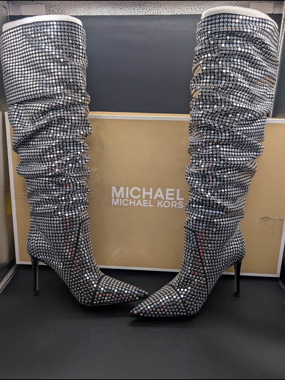 Michael Kors Silver Crystal-Studded Over-the-Knee Stiletto Boots